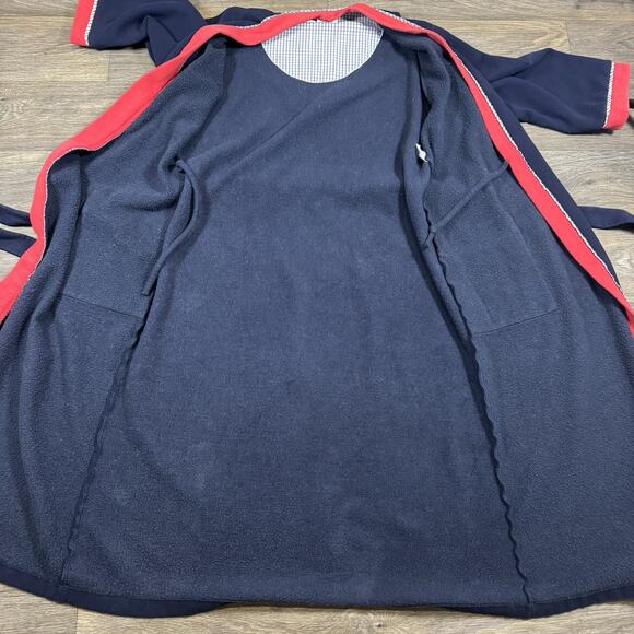 Vintage CHRISTIAN DIOR Blue Red Fleece Bath Robe Lounging Tie Belt Mens L - Picture 9 of 14